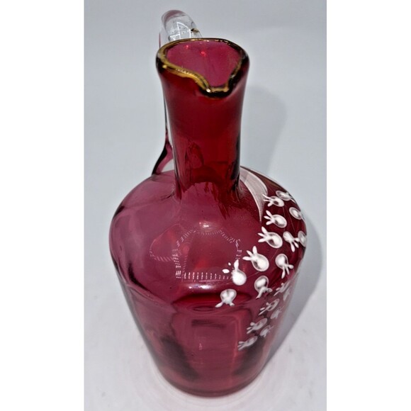 Vintage Victorian Cranberry Glass Jug W/Hand Painted White Flowers Gold Trim 7” - Picture 9 of 16